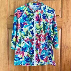 Women’s size XL Lands’ End colorful floral zip up modest swim top/athletic top